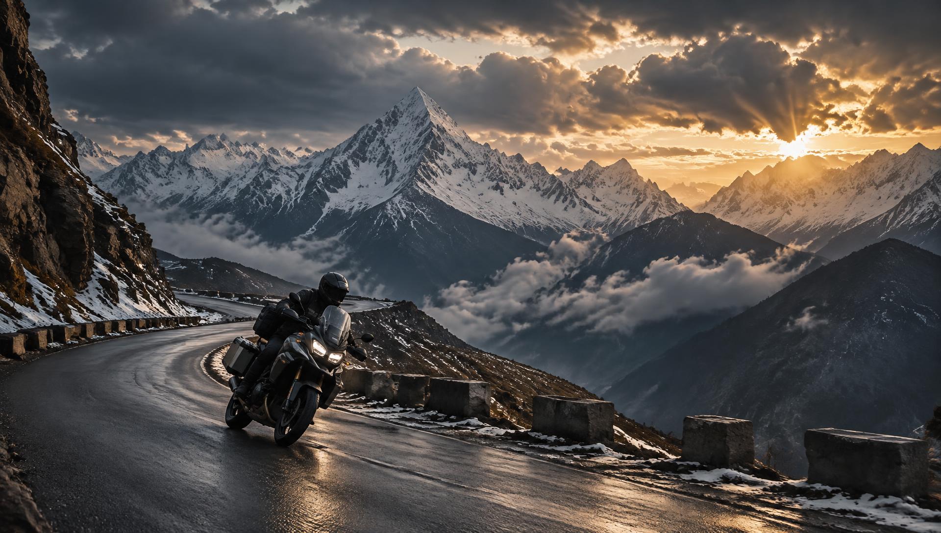 Motorcyclist on a mountain road beneath snowy peaks