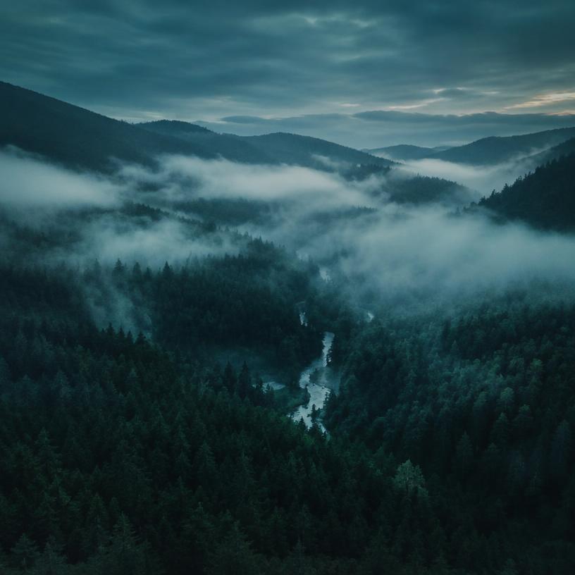 Misty forest valley at dawn